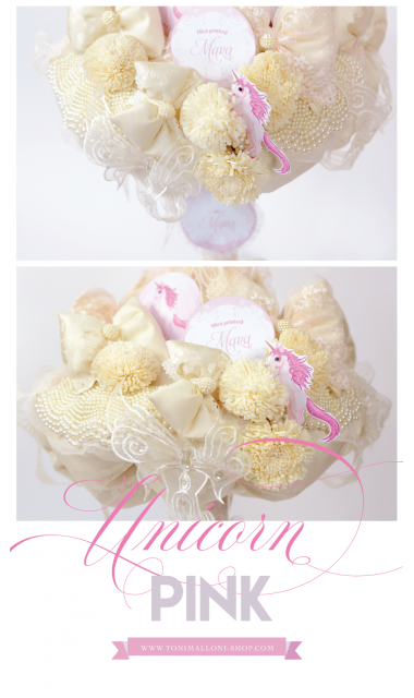 Lumanare de botez pentru fetite cu unicorni, perle si dantele, Pink Lady Unicorn 2